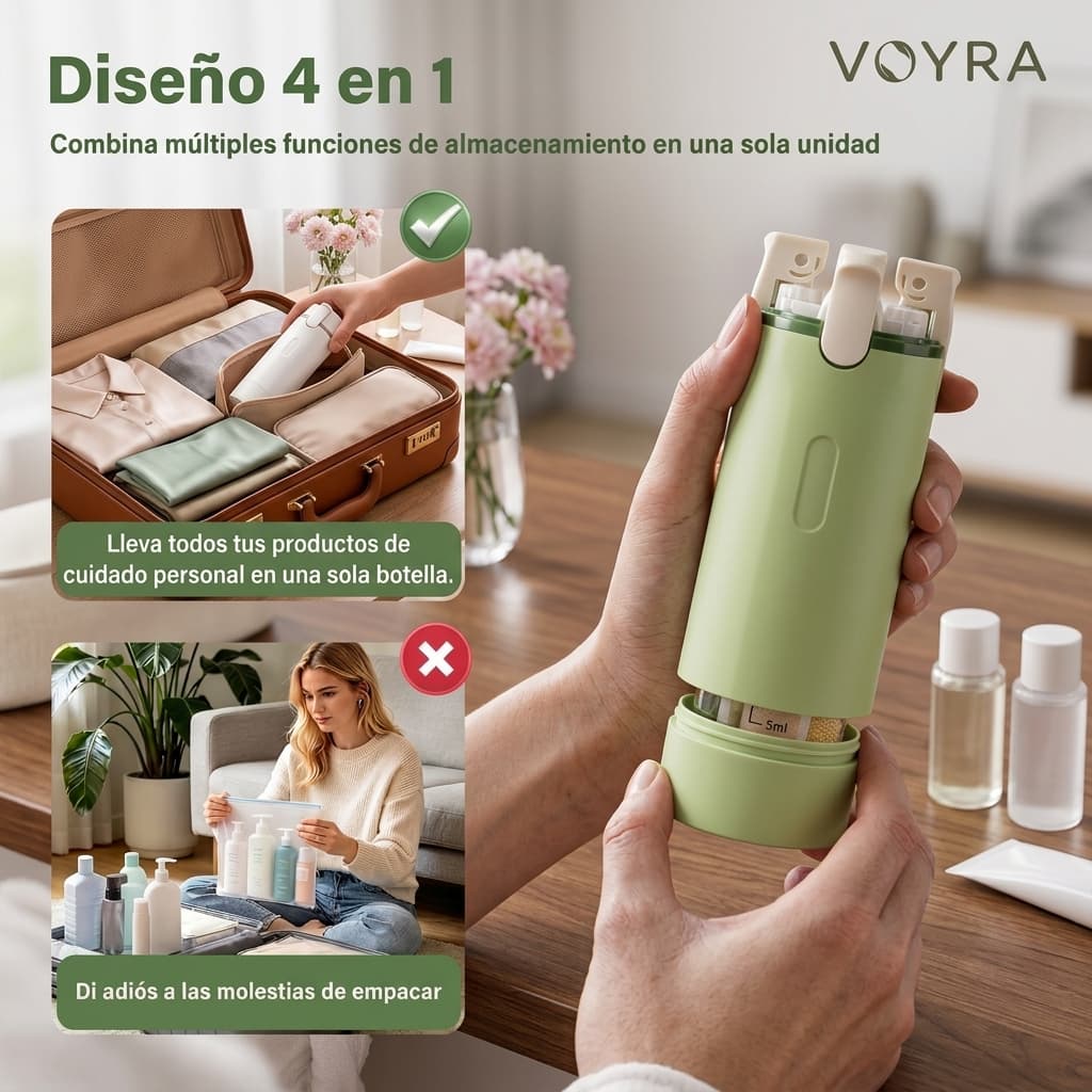VOYRA — Botella Dispensadora de Viaje 4 en 1, Recargable y Aprobada para Llevar Contigo