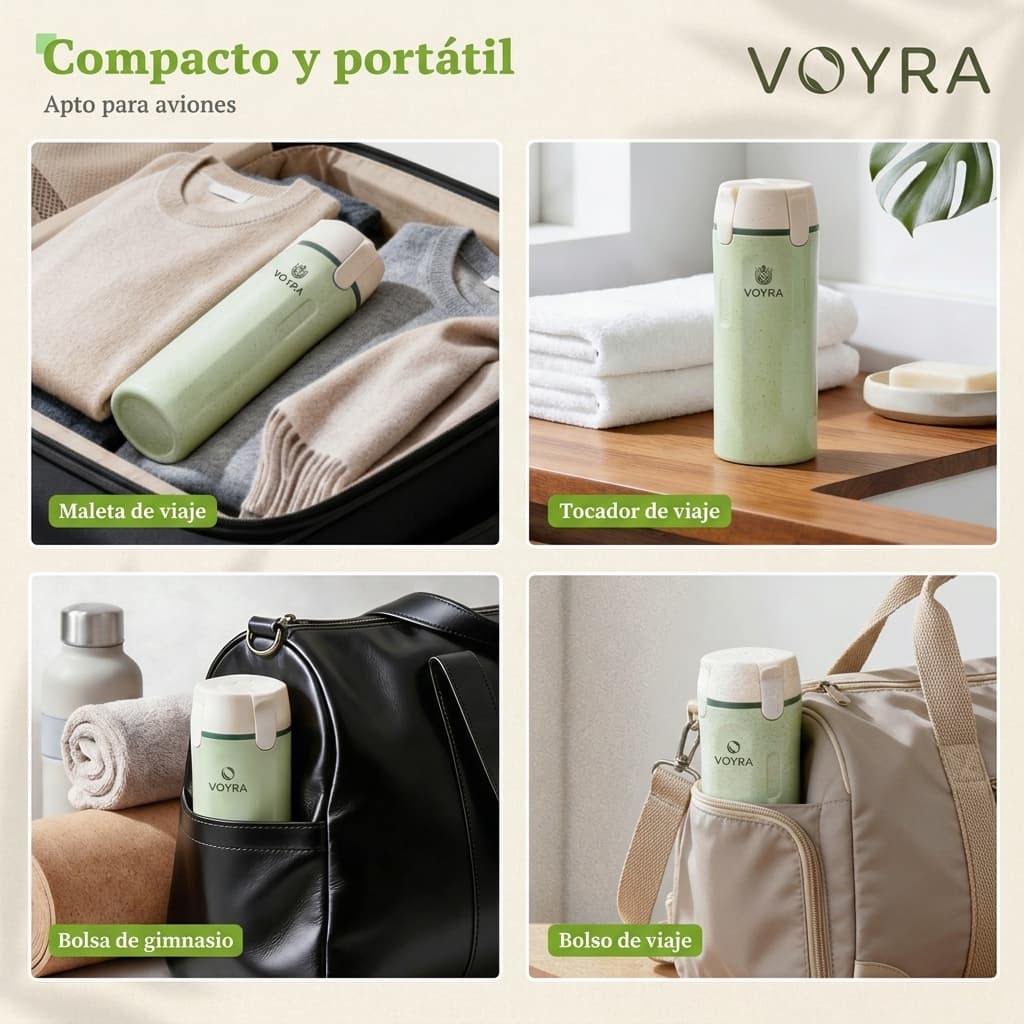VOYRA — Botella Dispensadora de Viaje 4 en 1, Recargable y Aprobada para Llevar Contigo
