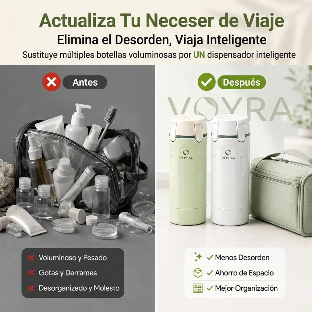 VOYRA — Botella Dispensadora de Viaje 4 en 1, Recargable y Aprobada para Llevar Contigo