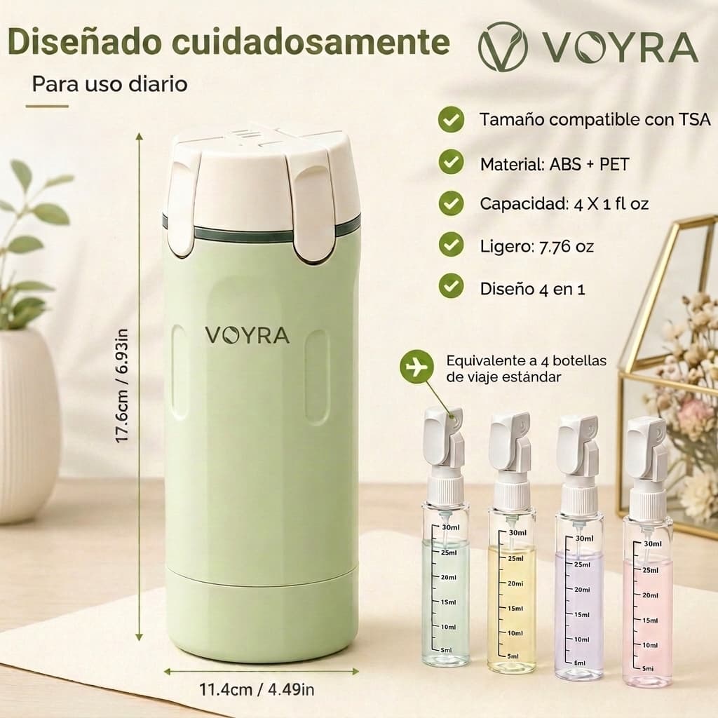 VOYRA — Botella Dispensadora de Viaje 4 en 1, Recargable y Aprobada para Llevar Contigo