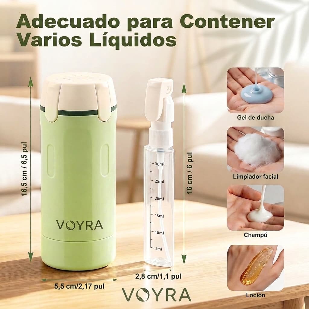 VOYRA — Botella Dispensadora de Viaje 4 en 1, Recargable y Aprobada para Llevar Contigo